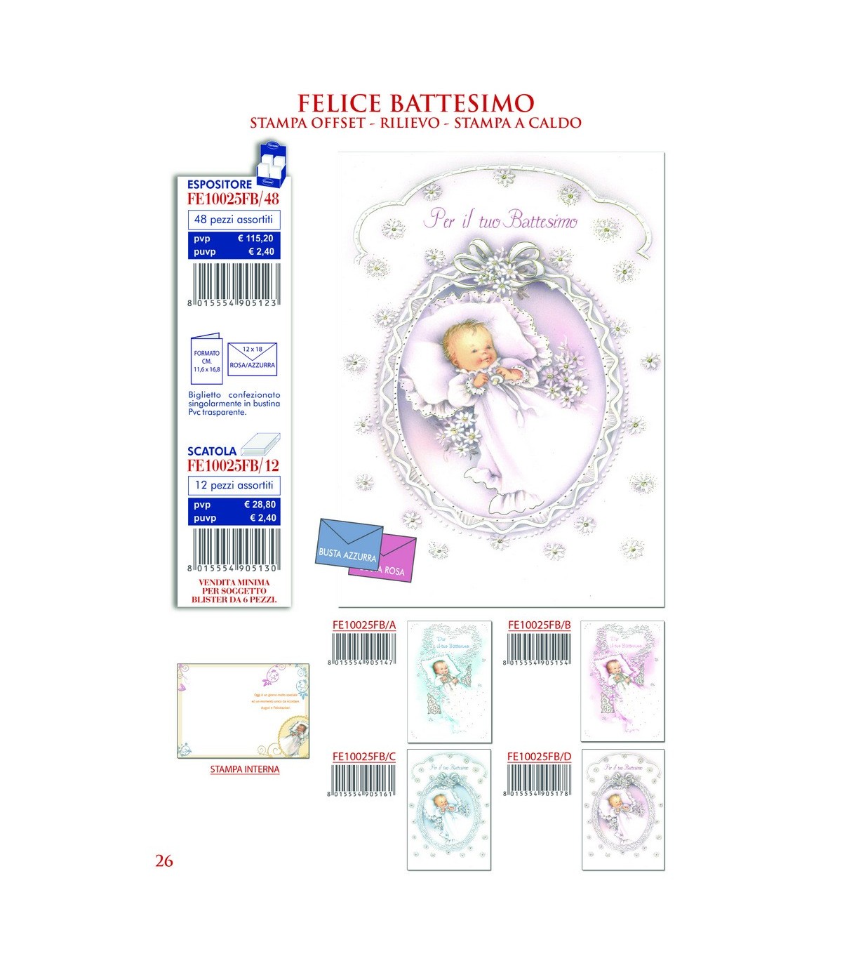 Biglietto Ekart Felice Battesimo Conf 12 Pz Assortito Con 4 Fantasie La Suprema Srl