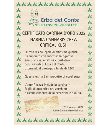 Infiorescenza di Cannabis Narnia Crew Sativa Critical kush CBD 25% bustina da 1 gr